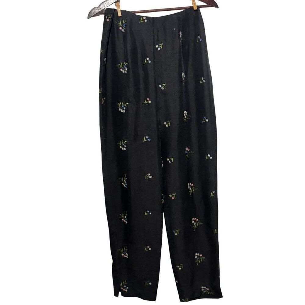 Silk Club Collection Black Embroidered Floral 100% Silk Straight Leg Pants 10